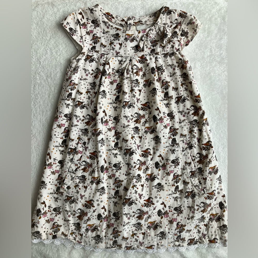 H&M corduroy cream birds leaves butterflies dress pockets lace size 6 7